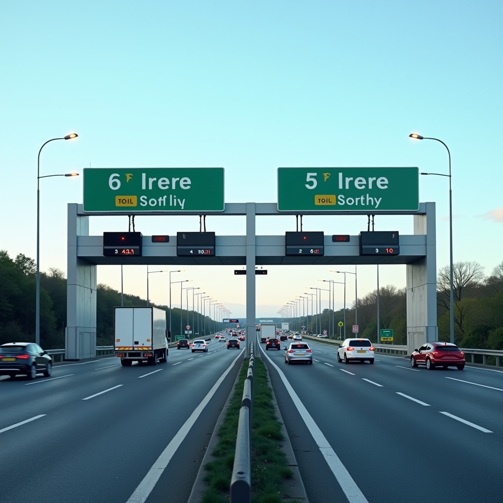Modern M50 motorway in Ireland with electronic toll collection gantry, showing multiple lanes of traffic flowing smoothly under clear blue sky, representing efficient toll management system