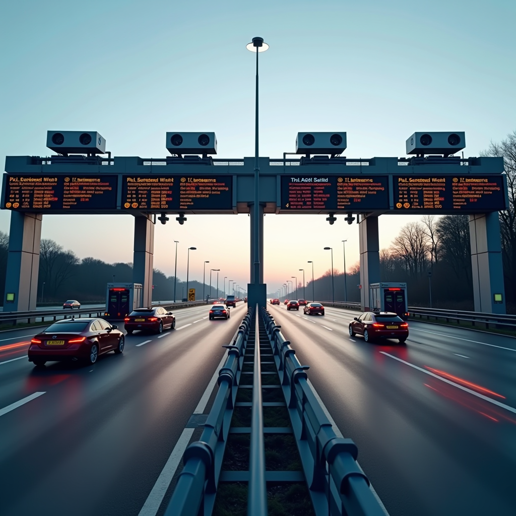 Modern electronic toll collection gantry on M50 motorway with multiple lanes of traffic flowing smoothly beneath advanced camera systems and digital signage displaying real-time information