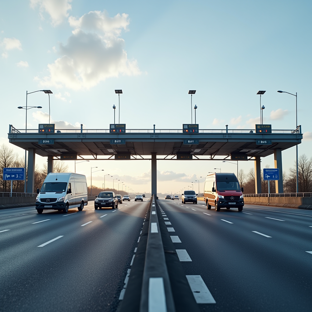 Modern M50 motorway toll gantry system showing barrier-free electronic toll collection with multiple lanes of traffic flowing underneath, overhead cameras and sensors visible, clear road markings, Irish motorway signage, daytime traffic conditions