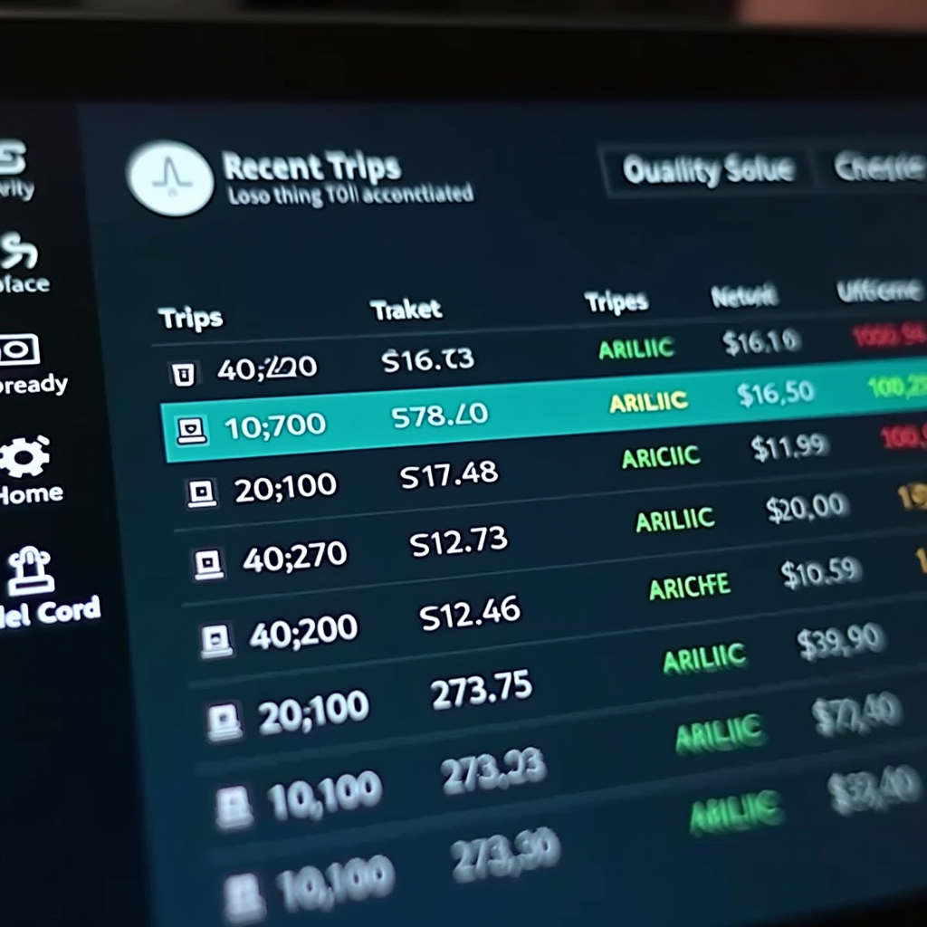 Screenshot of the M50 toll journey records dashboard interface showing a list of recent trips with dates, times, toll charges, and payment status indicators