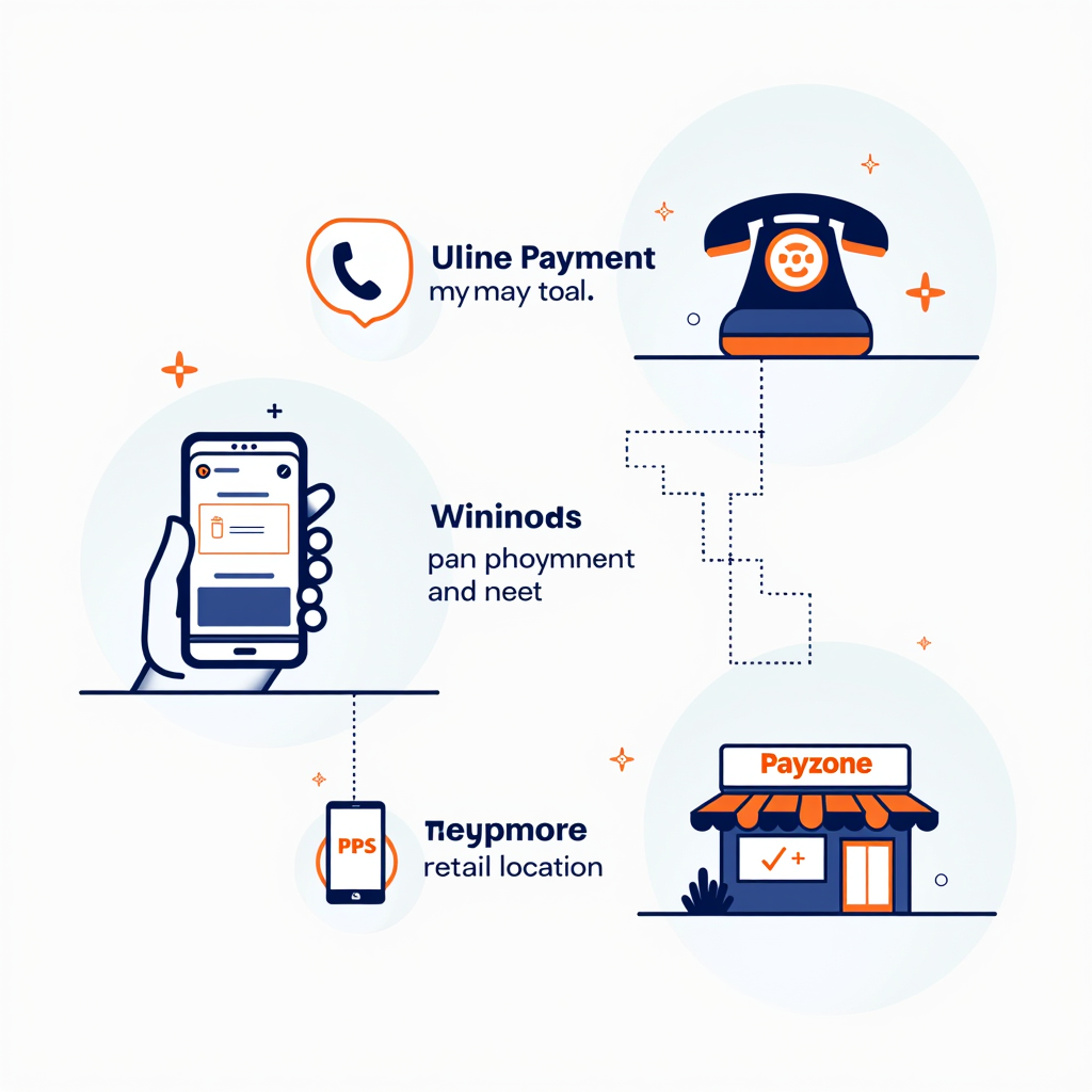 Comprehensive illustration showing multiple M50 toll payment options including smartphone with online payment app, telephone for phone payments, and payzone retail location storefront