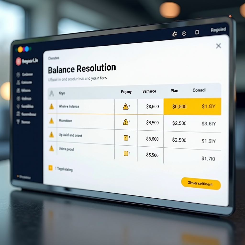 Outstanding balance resolution interface showing unpaid toll charges list, penalty fee breakdown with yellow warning indicators, flexible payment plan options, and secure settlement processing buttons